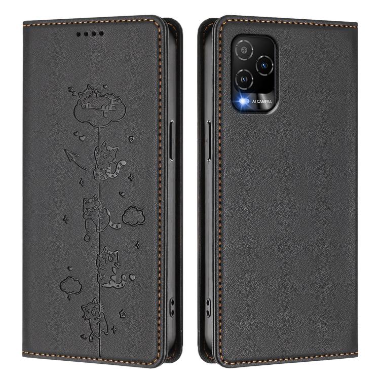 For BLU View 5 Pro Cute Cats Embossed Magnetic RFID Vegan Leather Phone Case