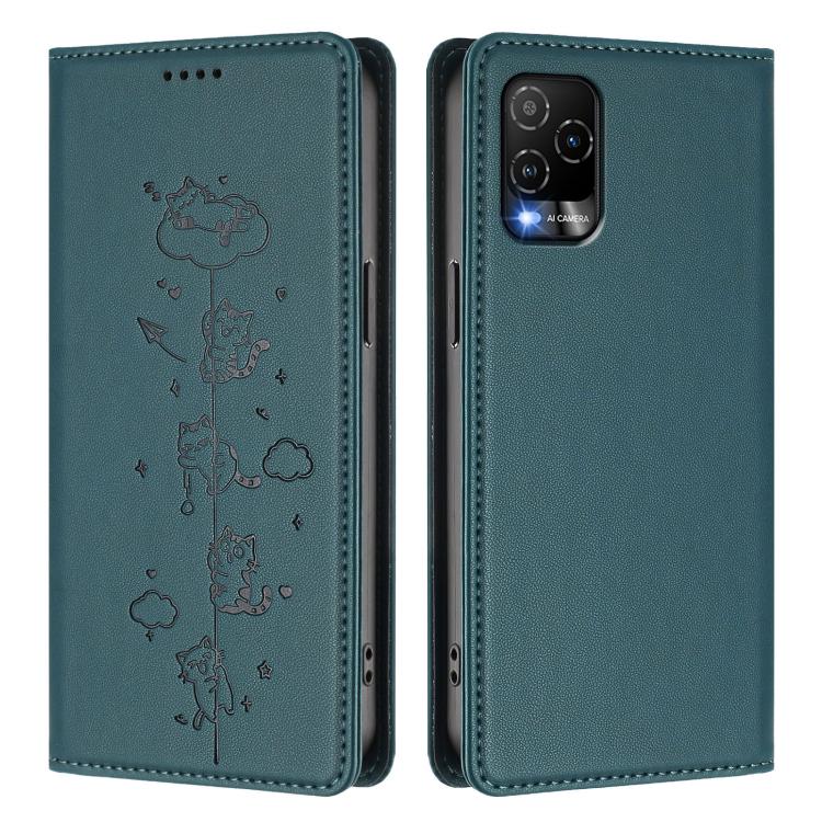 For BLU View 5 Pro Cute Cats Embossed Magnetic RFID Vegan Leather Phone Case