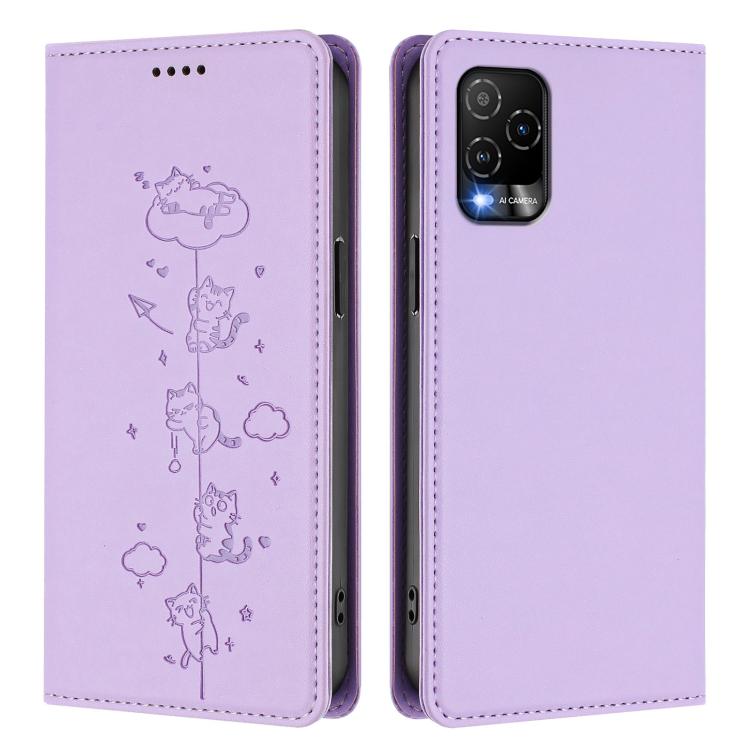 For BLU View 5 Pro Cute Cats Embossed Magnetic RFID Vegan Leather Phone Case