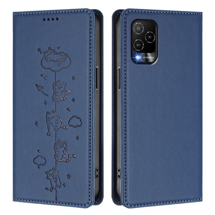 For BLU View 5 Pro Cute Cats Embossed Magnetic RFID Vegan Leather Phone Case