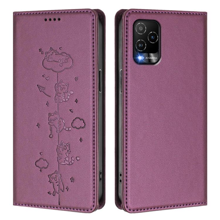 For BLU View 5 Pro Cute Cats Embossed Magnetic RFID Vegan Leather Phone Case
