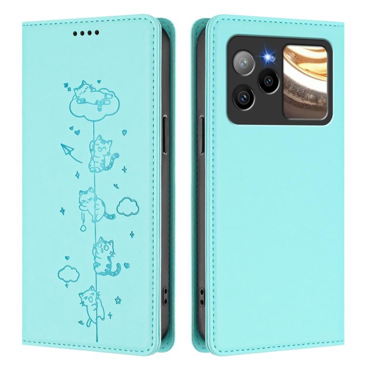 For BLU Bold N4 Cute Cats Embossed Magnetic RFID Vegan Leather Phone Case