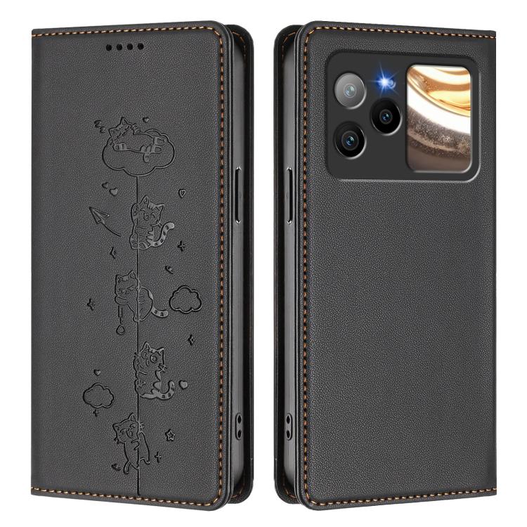 For BLU Bold N4 Cute Cats Embossed Magnetic RFID Vegan Leather Phone Case
