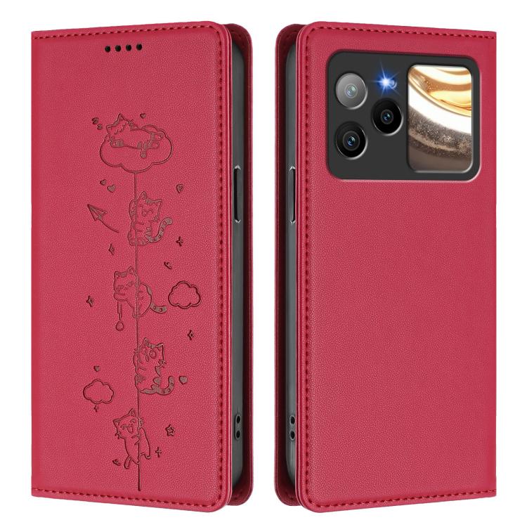For BLU Bold N4 Cute Cats Embossed Magnetic RFID Vegan Leather Phone Case
