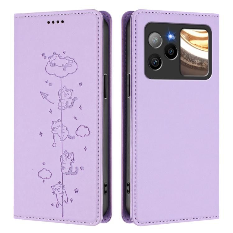For BLU Bold N4 Cute Cats Embossed Magnetic RFID Vegan Leather Phone Case