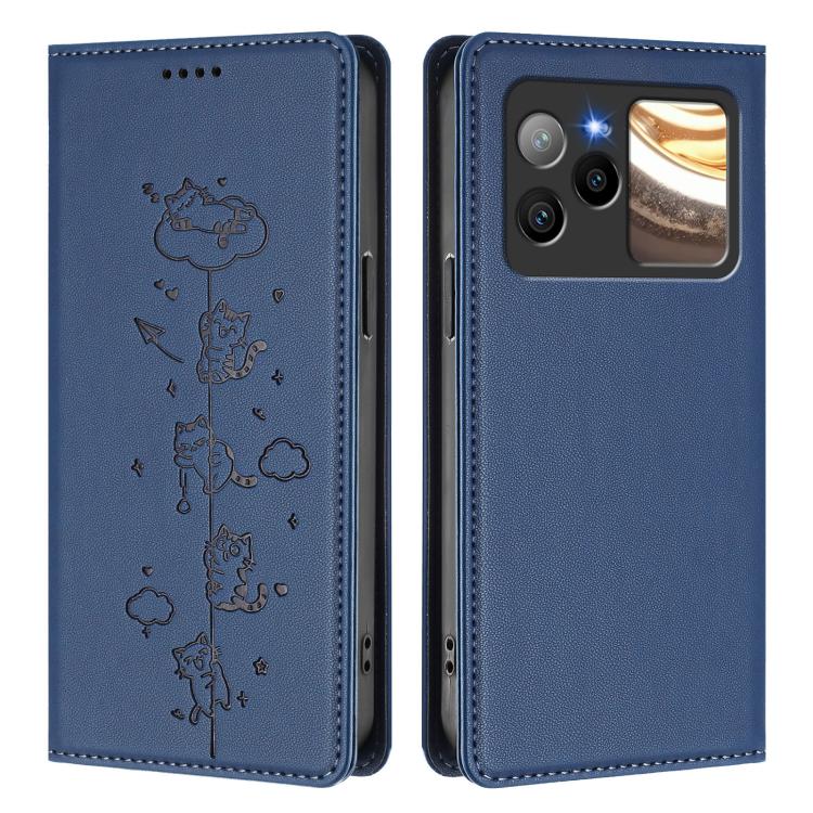 For BLU Bold N4 Cute Cats Embossed Magnetic RFID Vegan Leather Phone Case