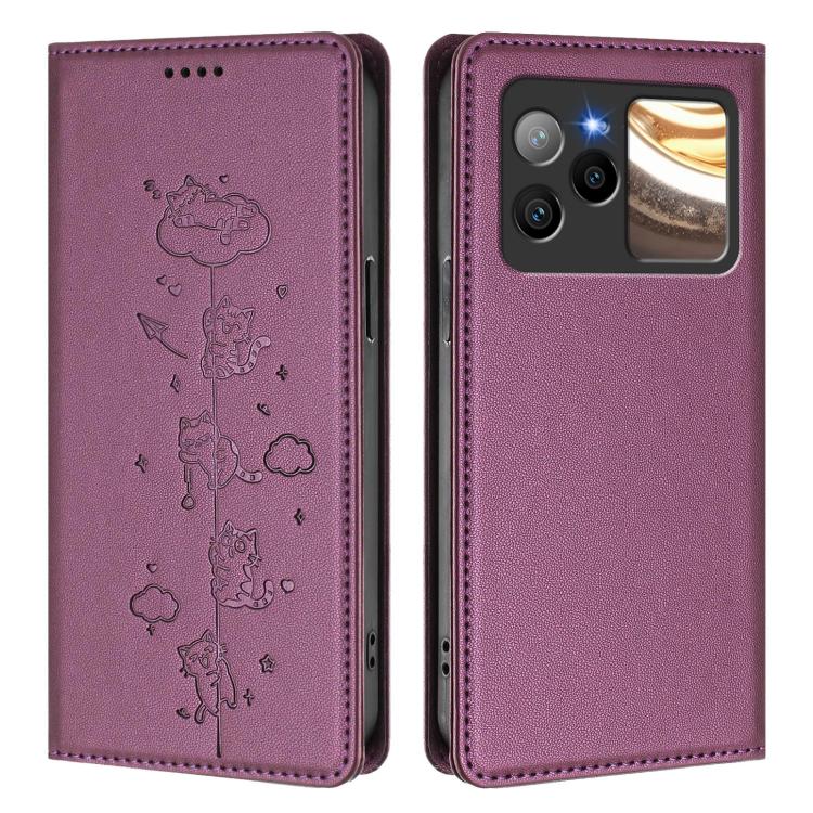 For BLU Bold N4 Cute Cats Embossed Magnetic RFID Vegan Leather Phone Case