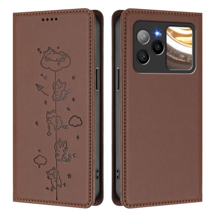 For BLU Bold N4 Cute Cats Embossed Magnetic RFID Vegan Leather Phone Case