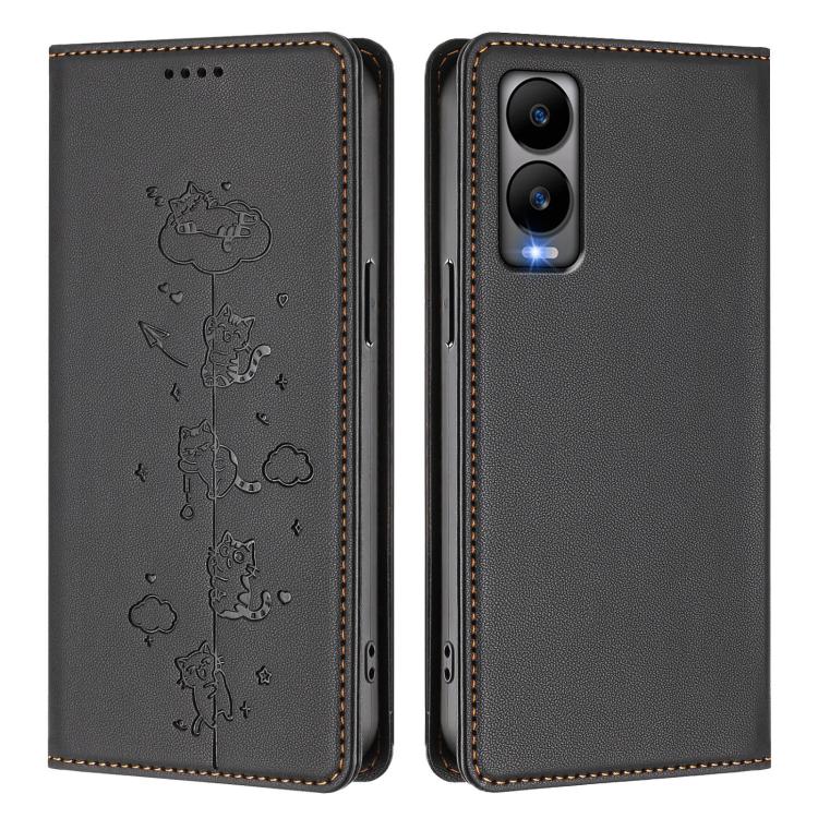 For Cricket Debut S3 Cute Cats Embossed Magnetic RFID Vegan Leather Phone Case