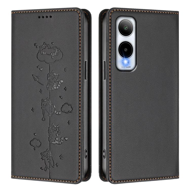 For Cricket Icon 6 / AT&T Verge Cute Cats Embossed Magnetic RFID Vegan Leather Phone Case