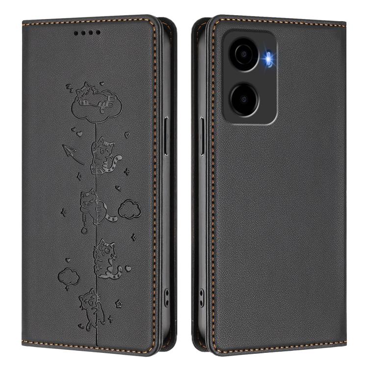 For Cricket Magic 2 5G / AT&T Propel 2 5G Cute Cats Embossed Magnetic RFID Vegan Leather Phone Case