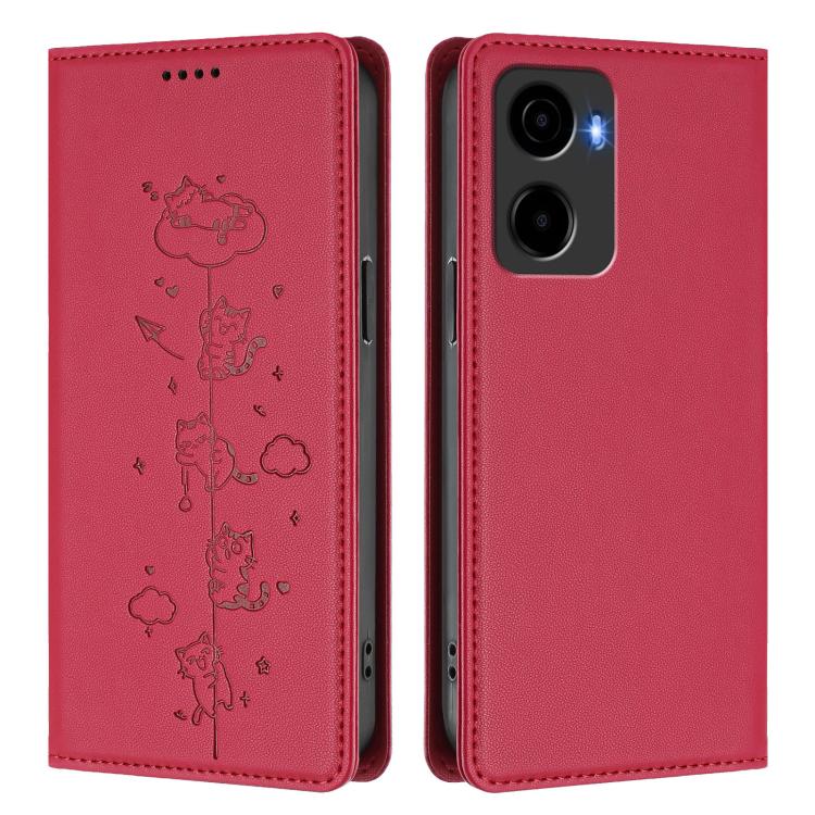 For Cricket Magic 2 5G / AT&T Propel 2 5G Cute Cats Embossed Magnetic RFID Vegan Leather Phone Case