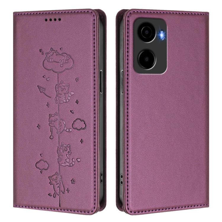 For Cricket Magic 2 5G / AT&T Propel 2 5G Cute Cats Embossed Magnetic RFID Vegan Leather Phone Case