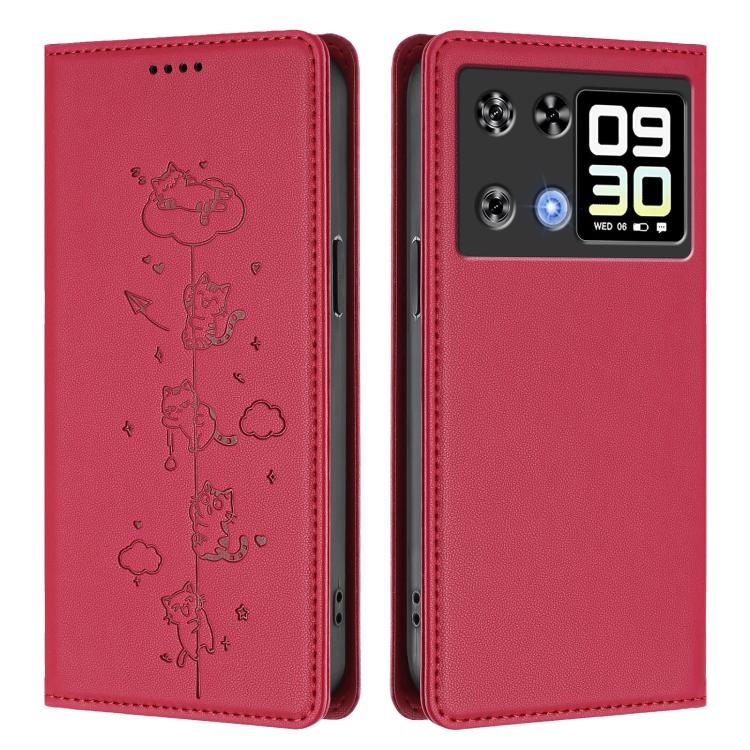 For Cubot P90 Cute Cats Embossed Magnetic RFID Vegan Leather Phone Case