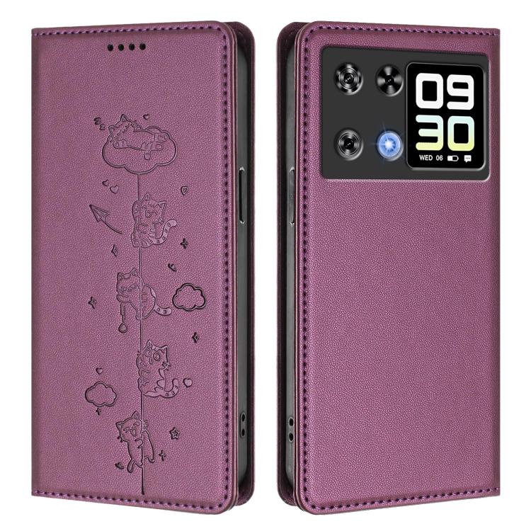 For Cubot P90 Cute Cats Embossed Magnetic RFID Vegan Leather Phone Case