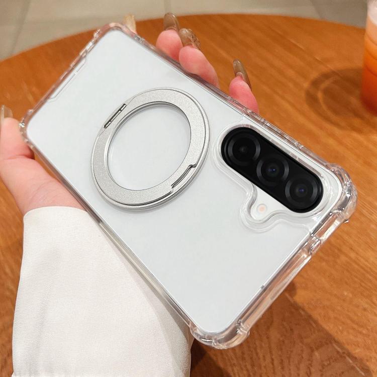 For Samsung Galaxy A26 5G Four Corner Shockproof Space Magnetic Phone Case with 360 Degrees Rotating Holder - Transparent