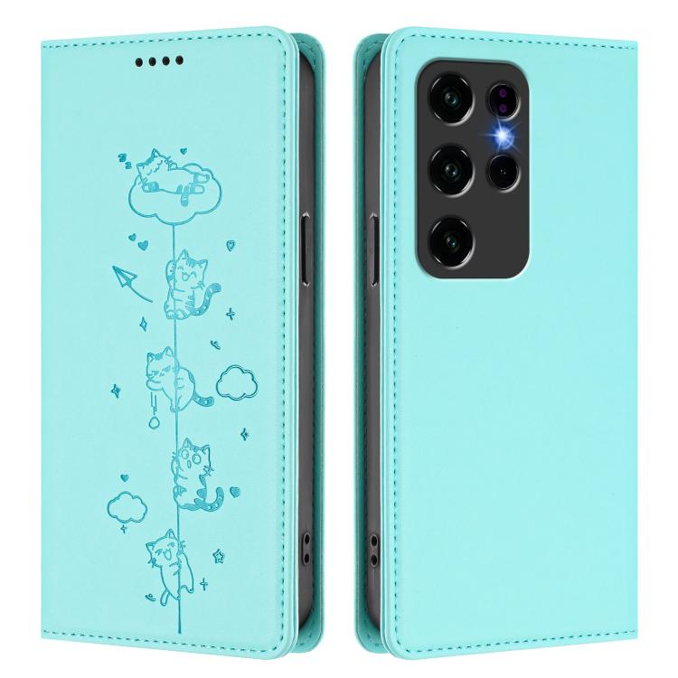 For Oukitel C2 Cute Cats Embossed Magnetic RFID Vegan Leather Phone Case