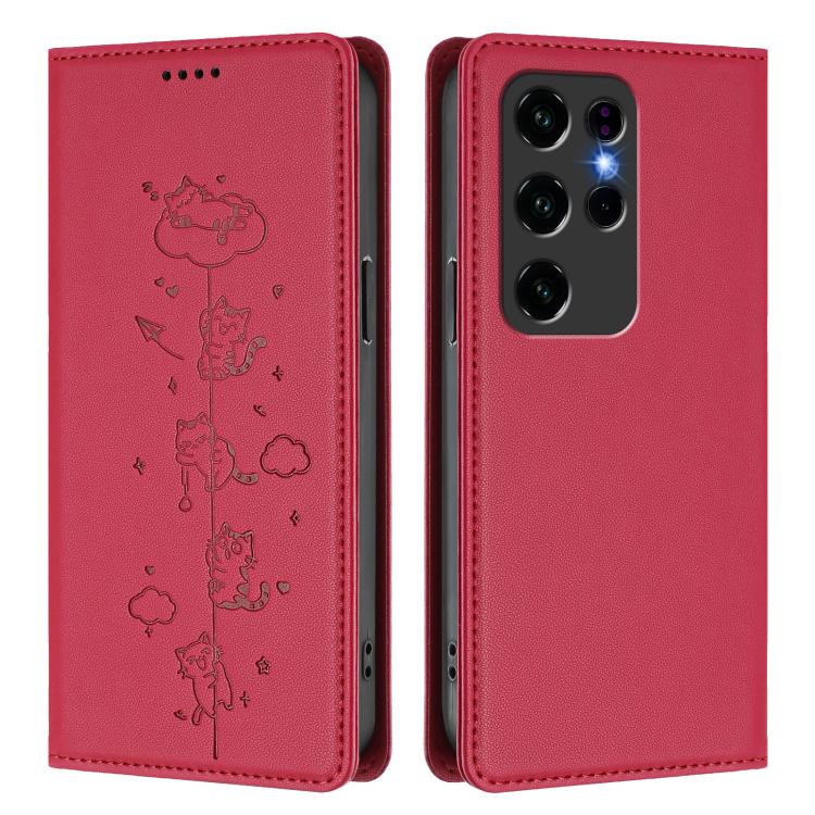 For Oukitel C2 Cute Cats Embossed Magnetic RFID Vegan Leather Phone Case