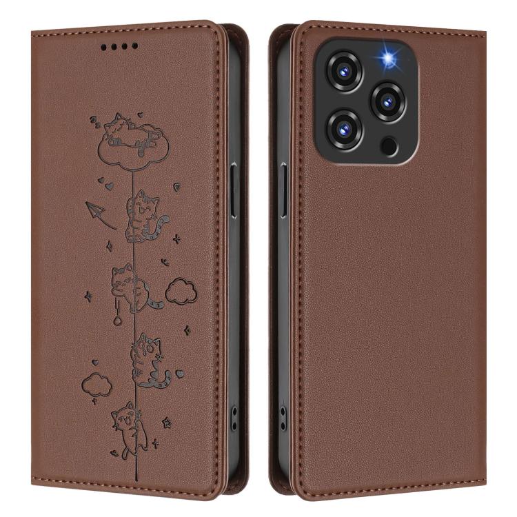 For Oukitel C3 4G 2025 Cute Cats Embossed Magnetic RFID Vegan Leather Phone Case