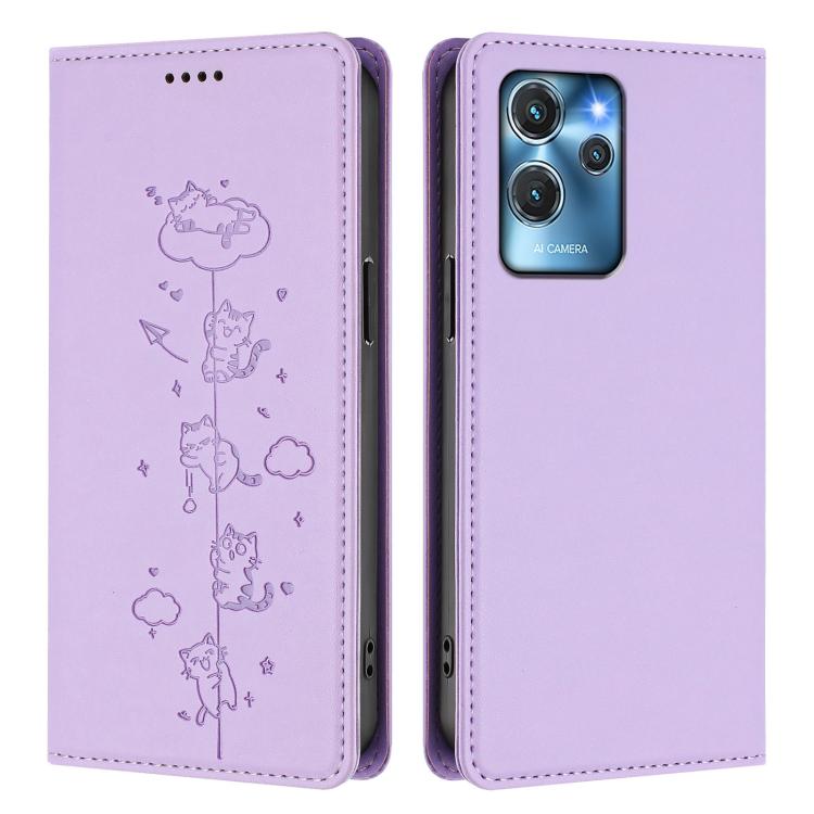 For Oukitel C32 / C32 Pro Cute Cats Embossed Magnetic RFID Vegan Leather Phone Case