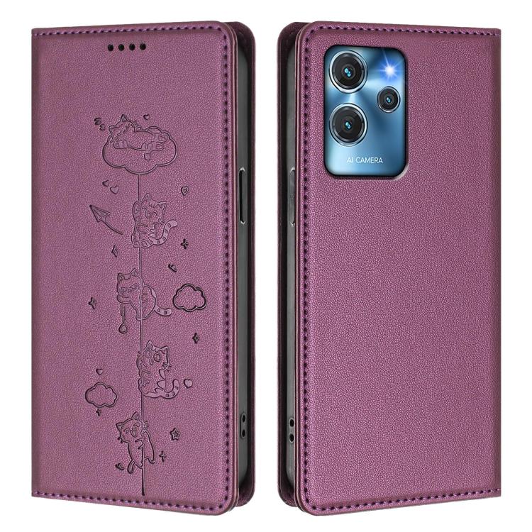 For Oukitel C32 / C32 Pro Cute Cats Embossed Magnetic RFID Vegan Leather Phone Case