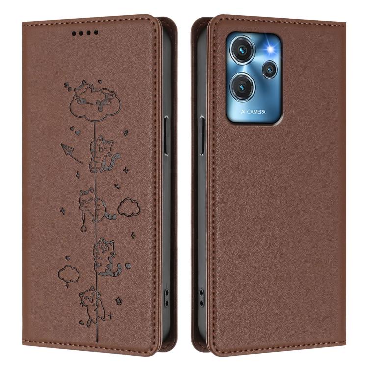 For Oukitel C32 / C32 Pro Cute Cats Embossed Magnetic RFID Vegan Leather Phone Case