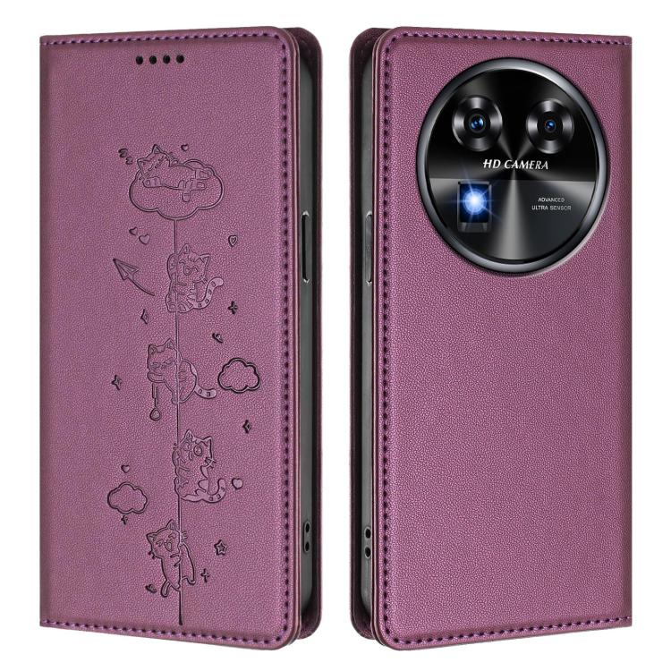 For Oukitel C37 Cute Cats Embossed Magnetic RFID Vegan Leather Phone Case