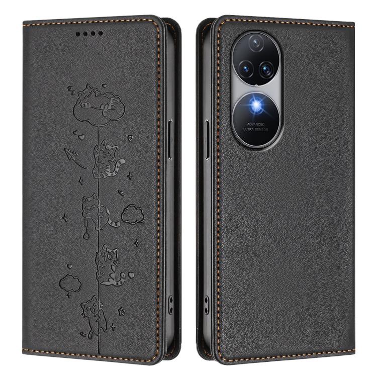 For Oukitel C38 Cute Cats Embossed Magnetic RFID Vegan Leather Phone Case