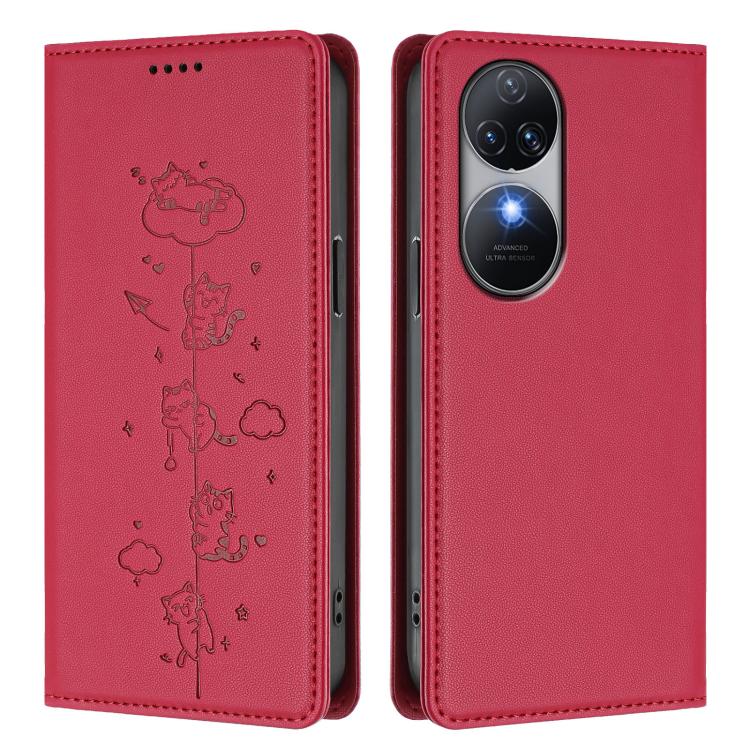 For Oukitel C38 Cute Cats Embossed Magnetic RFID Vegan Leather Phone Case