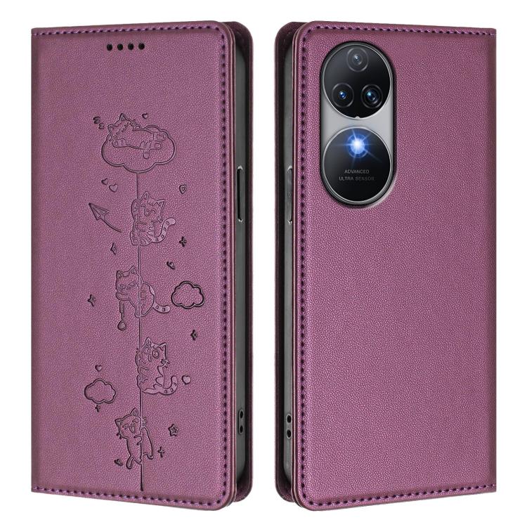 For Oukitel C38 Cute Cats Embossed Magnetic RFID Vegan Leather Phone Case