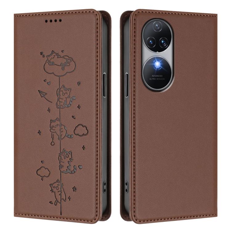 For Oukitel C38 Cute Cats Embossed Magnetic RFID Vegan Leather Phone Case