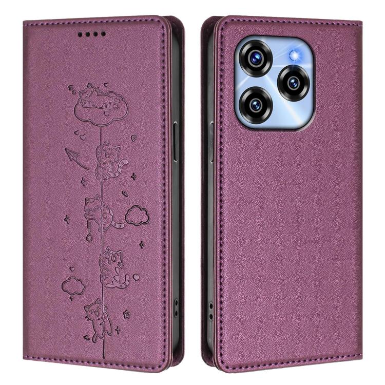 For Oukitel C50 Cute Cats Embossed Magnetic RFID Vegan Leather Phone Case