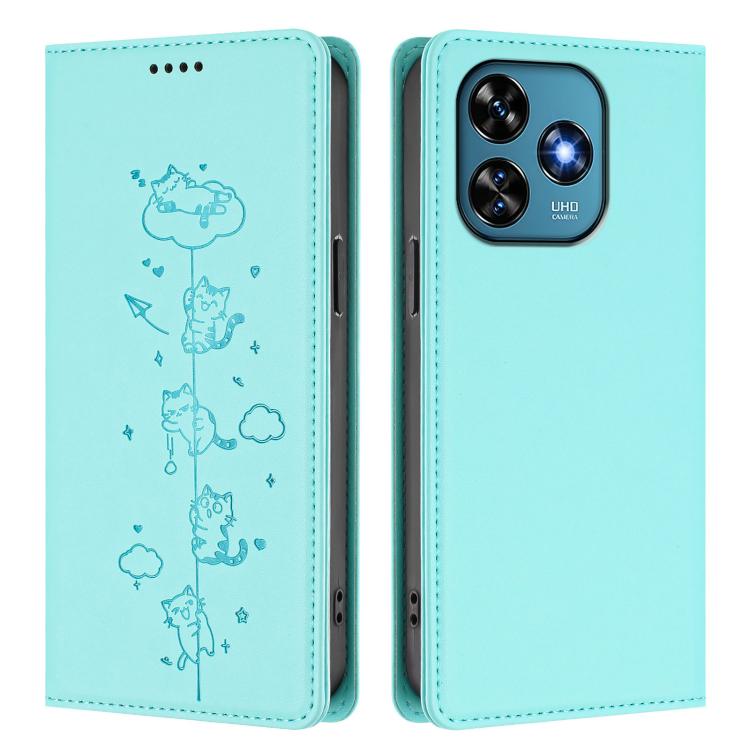 For Oukitel C51 Cute Cats Embossed Magnetic RFID Vegan Leather Phone Case