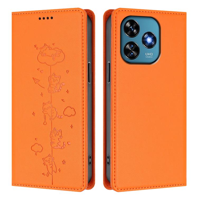 For Oukitel C51 Cute Cats Embossed Magnetic RFID Vegan Leather Phone Case