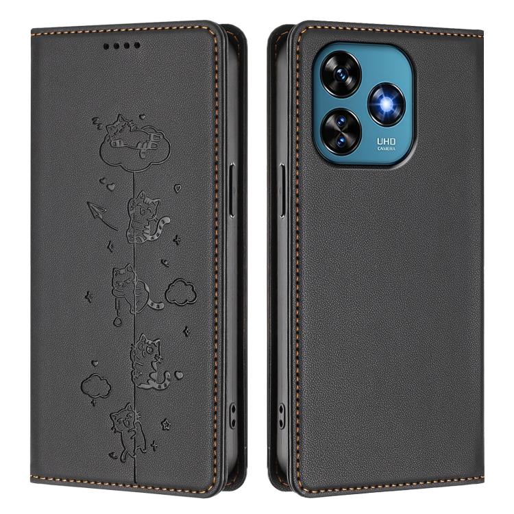 For Oukitel C51 Cute Cats Embossed Magnetic RFID Vegan Leather Phone Case