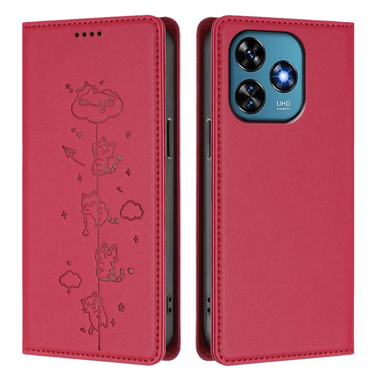 For Oukitel C51 Cute Cats Embossed Magnetic RFID Vegan Leather Phone Case
