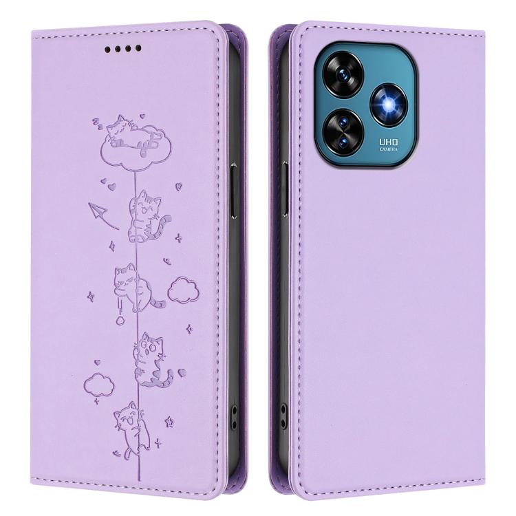 For Oukitel C51 Cute Cats Embossed Magnetic RFID Vegan Leather Phone Case