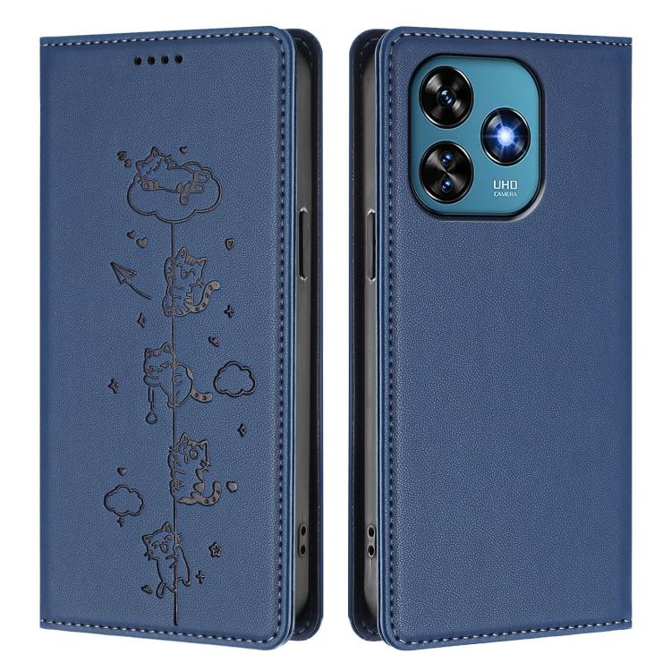 For Oukitel C51 Cute Cats Embossed Magnetic RFID Vegan Leather Phone Case