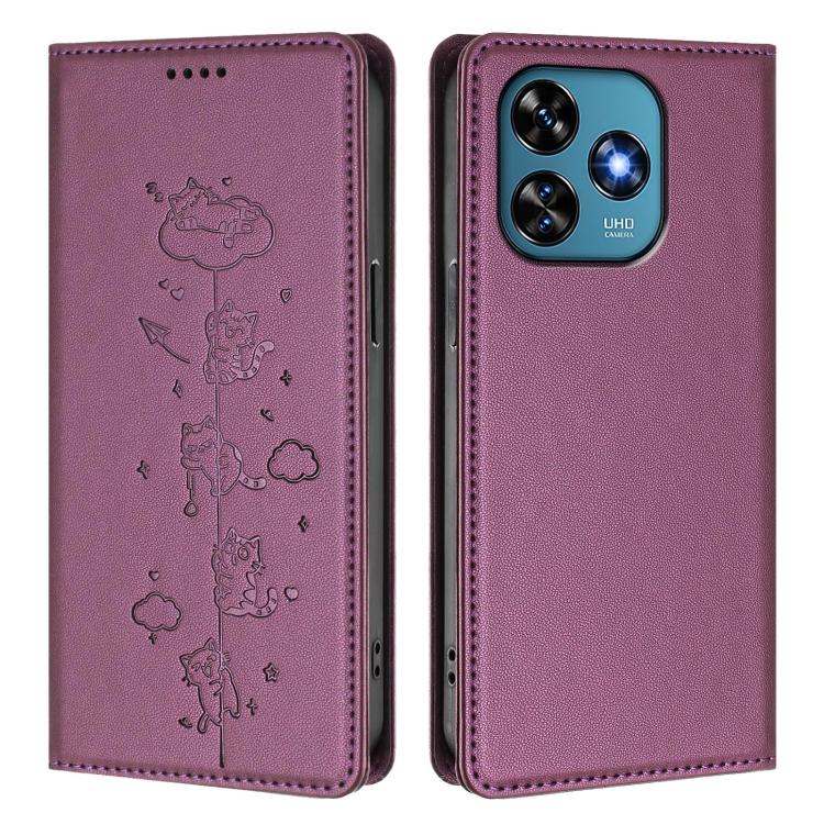 For Oukitel C51 Cute Cats Embossed Magnetic RFID Vegan Leather Phone Case