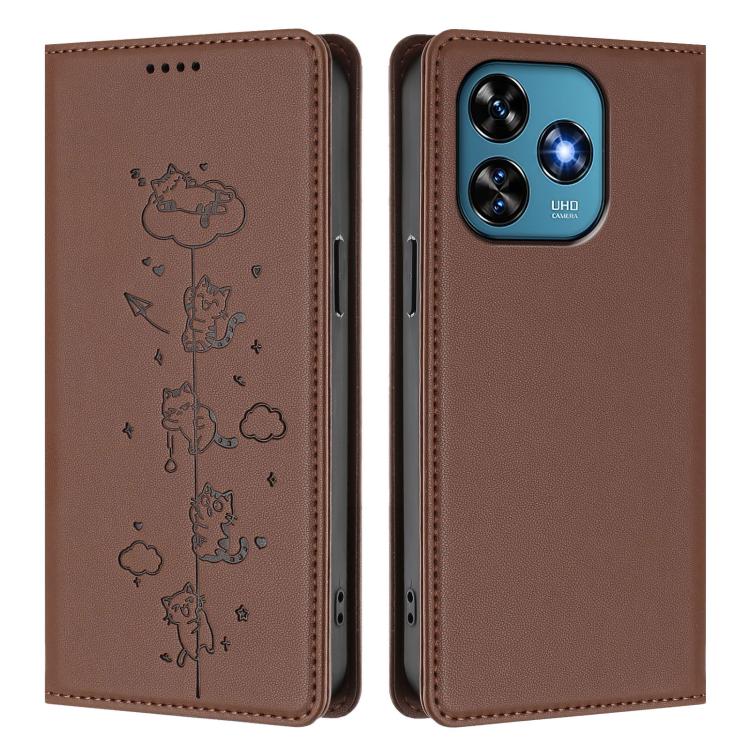 For Oukitel C51 Cute Cats Embossed Magnetic RFID Vegan Leather Phone Case