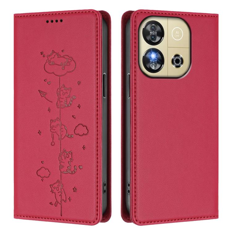 For Oukitel C57S / C57 Pro Cute Cats Embossed Magnetic RFID Vegan Leather Phone Case