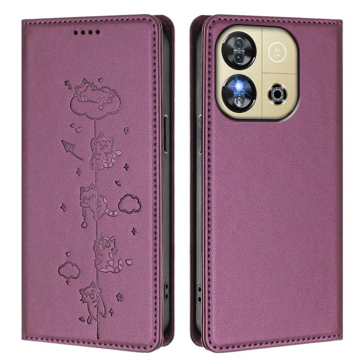 For Oukitel C57S / C57 Pro Cute Cats Embossed Magnetic RFID Vegan Leather Phone Case