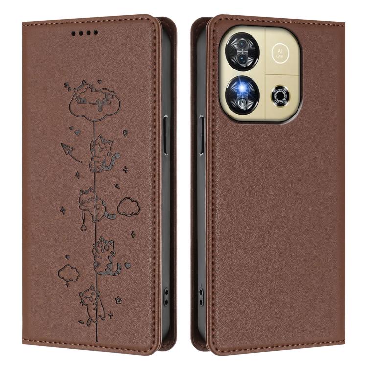 For Oukitel C57S / C57 Pro Cute Cats Embossed Magnetic RFID Vegan Leather Phone Case