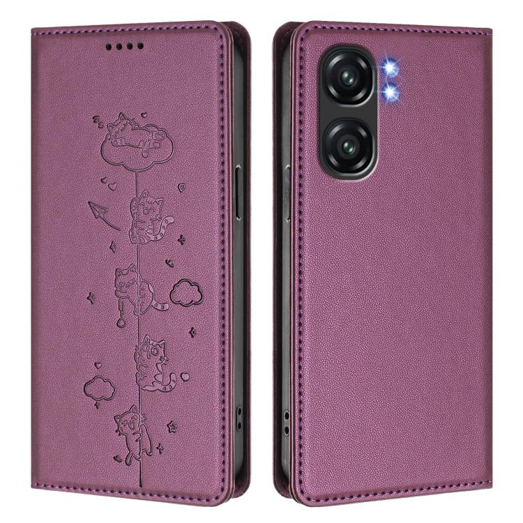 For Oukitel C58 / C58 Pro Cute Cats Embossed Magnetic RFID Vegan Leather Phone Case