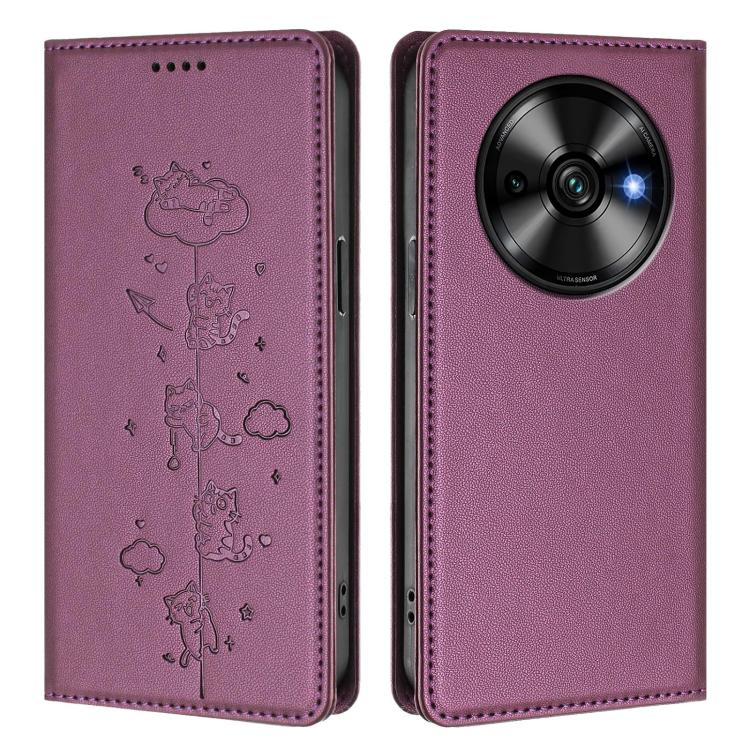 For Oukitel C59 / C59 Pro Cute Cats Embossed Magnetic RFID Vegan Leather Phone Case