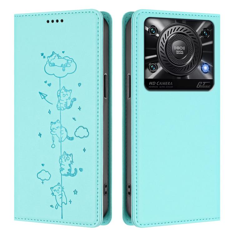 For Oukitel C60 Cute Cats Embossed Magnetic RFID Vegan Leather Phone Case