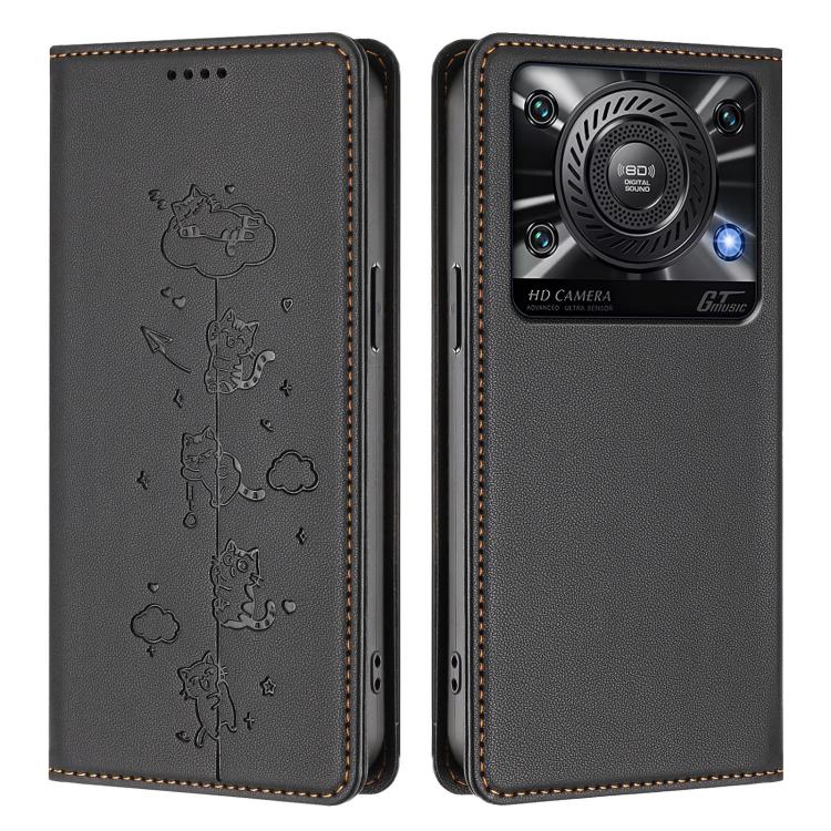 For Oukitel C60 Cute Cats Embossed Magnetic RFID Vegan Leather Phone Case