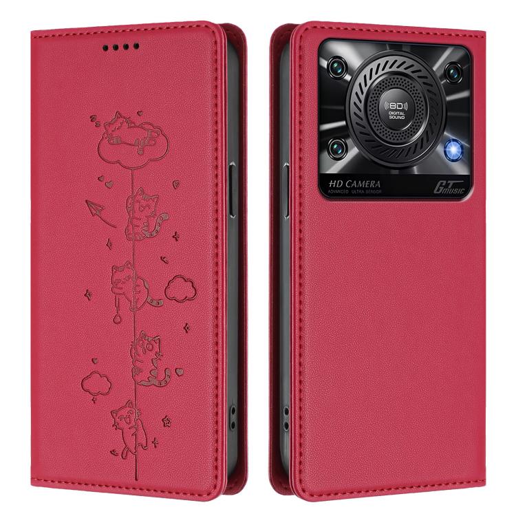 For Oukitel C60 Cute Cats Embossed Magnetic RFID Vegan Leather Phone Case