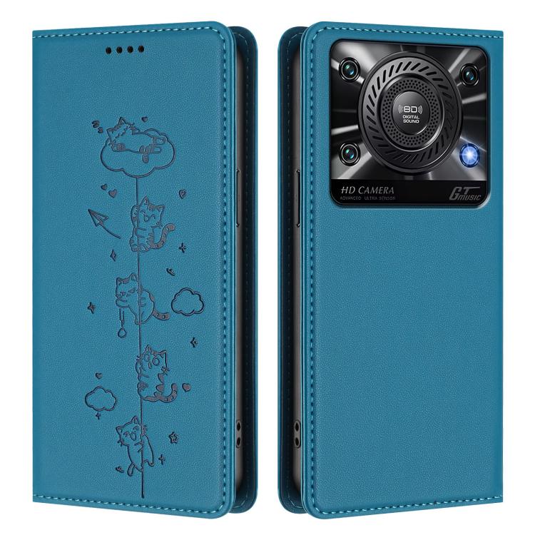For Oukitel C60 Cute Cats Embossed Magnetic RFID Vegan Leather Phone Case