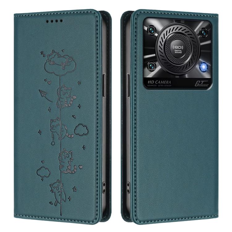 For Oukitel C60 Cute Cats Embossed Magnetic RFID Vegan Leather Phone Case
